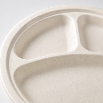 Rise Up 10" White Bagasse 3-Compartment Round Plate