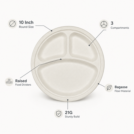 Rise Up 10" White Bagasse 3-Compartment Round Plate