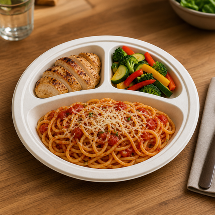 Rise Up 10" White Bagasse 3-Compartment Round Plate