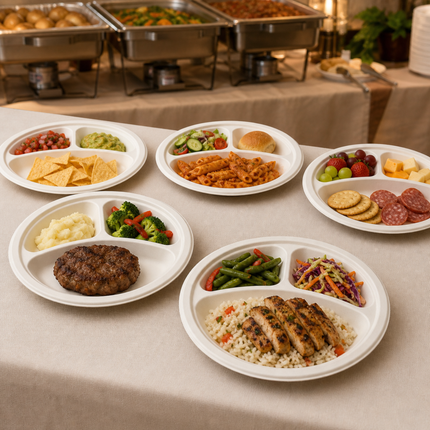 Rise Up 10" White Bagasse 3-Compartment Round Plate