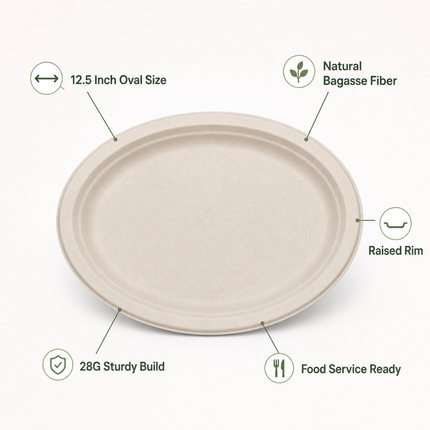 Rise Up 12.5" Natural Bagasse Oval Plate - 500/Case