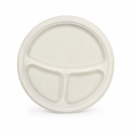 Rise Up 9" White Bagasse 3-Compartment Round Plate