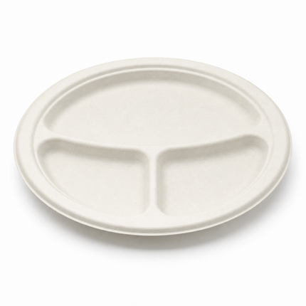 Rise Up 9" White Bagasse 3-Compartment Round Plate