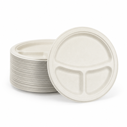 Rise Up 9" White Bagasse 3-Compartment Round Plate