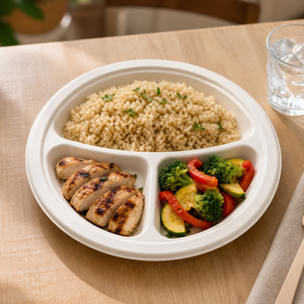 Rise Up 9" White Bagasse 3-Compartment Round Plate