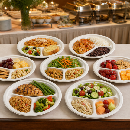 Rise Up 9" White Bagasse 3-Compartment Round Plate