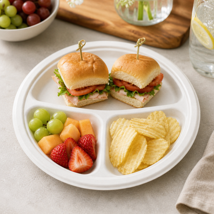 Rise Up 9" White Bagasse 3-Compartment Round Plate
