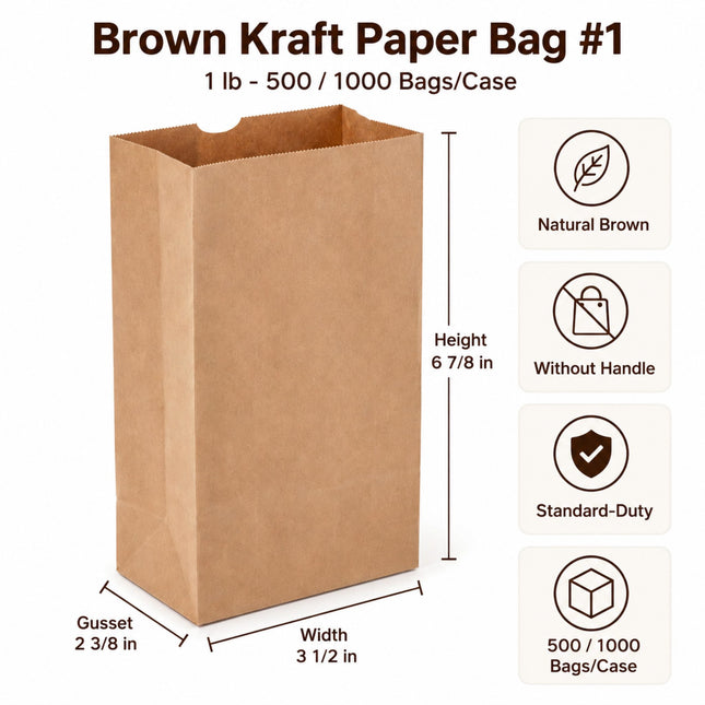 Brown Kraft Paper Bag #1 1 lb 500/1000 Bags/Case dimensions and size details