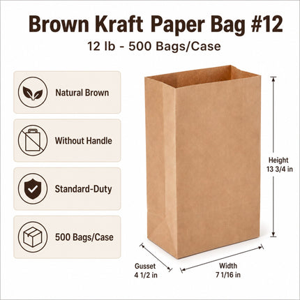 Brown Kraft Paper Bag #12 - 12 lb - 500 Bags/Case
