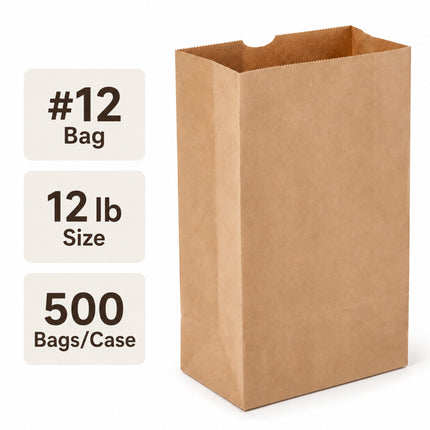 Brown Kraft Paper Bag #12 - 12 lb - 500 Bags/Case