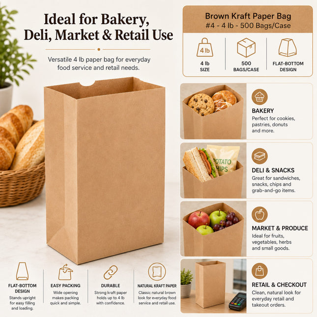 Brown Kraft Paper Bag #4 4 lb 500 Bags/Case dimensions and size details