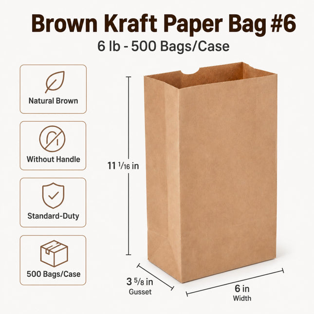Brown Kraft Paper Bag #6 6 lb 500 Bags/Case dimensions and size details