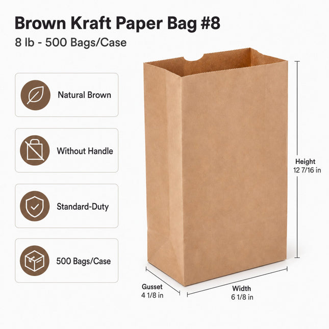 Brown Kraft Paper Bag #8 8 lb 500 Bags/Case dimensions and size details