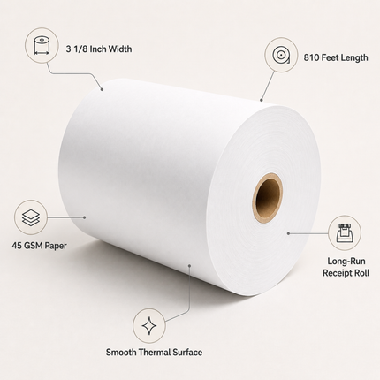 3 1/8" x 810' 45 GSM ATM Thermal Paper Roll – White (8/Case)