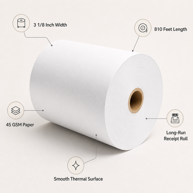 3 1/8" x 810' 45 GSM ATM Thermal Paper Roll – White (8/Case) for POS and retail use