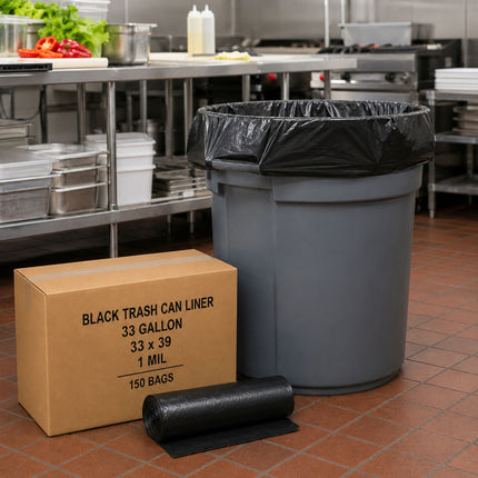 33 Gallon Black Trash Can Liners 33" x 39" - 1 Mil - 150 Bags/Case