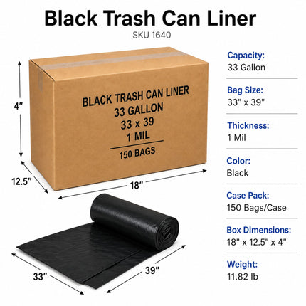 33 Gallon Black Trash Can Liners 33" x 39" - 1 Mil - 150 Bags/Case