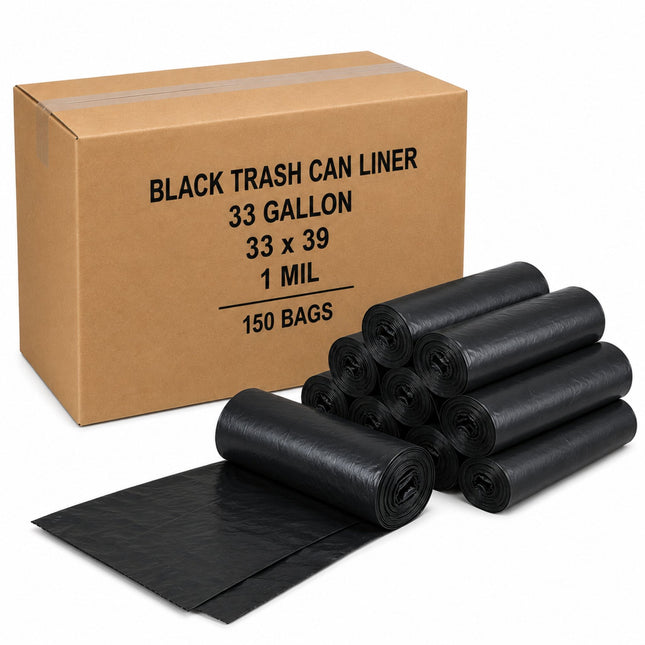 33 Gallon Black Trash Can Liners 33" x 39" - 1 Mil - 150 Bags/Case