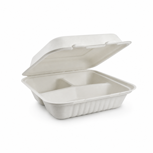 Rise Up 8" x 8" White Bagasse 3-Compartment Take-Out Container - 200/Case