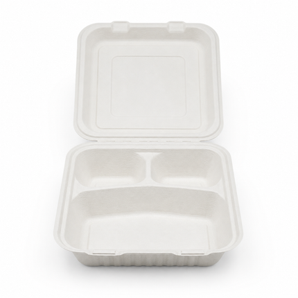 Rise Up 8" x 8" White Bagasse 3-Compartment Take-Out Container - 200/Case