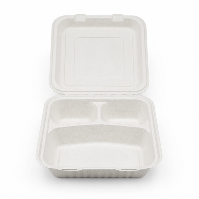 Rise Up 8" x 8" White Bagasse 3-Compartment Take-Out Container - 200/Case