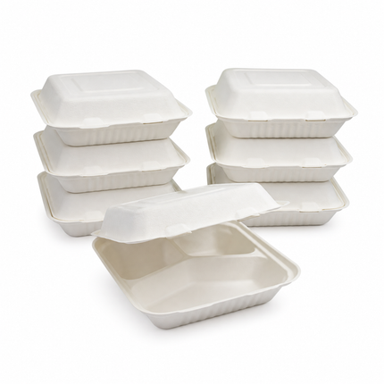 Rise Up 8" x 8" White Bagasse 3-Compartment Take-Out Container - 200/Case