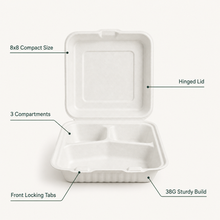 Rise Up 8" x 8" White Bagasse 3-Compartment Take-Out Container - 200/Case