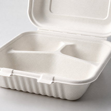 Rise Up 8" x 8" White Bagasse 3-Compartment Take-Out Container - 200/Case