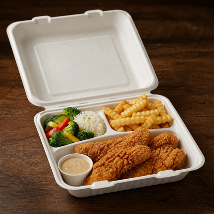 Rise Up 8" x 8" White Bagasse 3-Compartment Take-Out Container - 200/Case