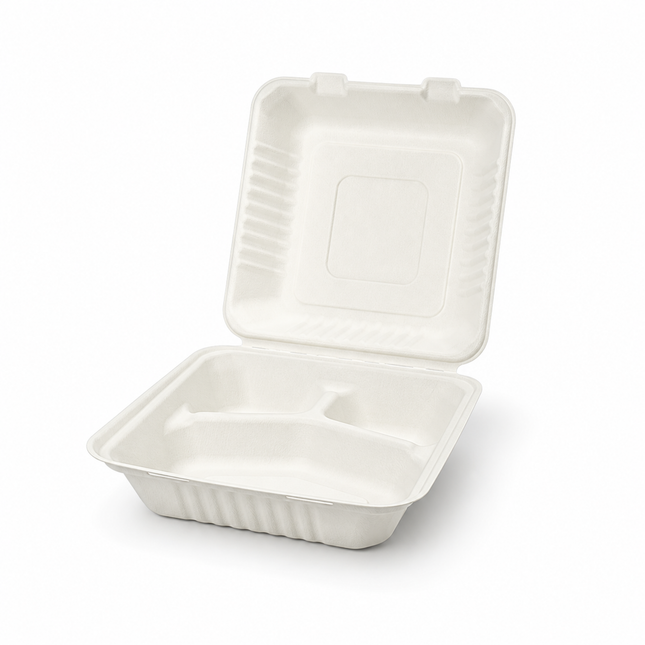 Rise Up 9" x 9" White Bagasse 3-Compartment Take-Out Container - 200/Case