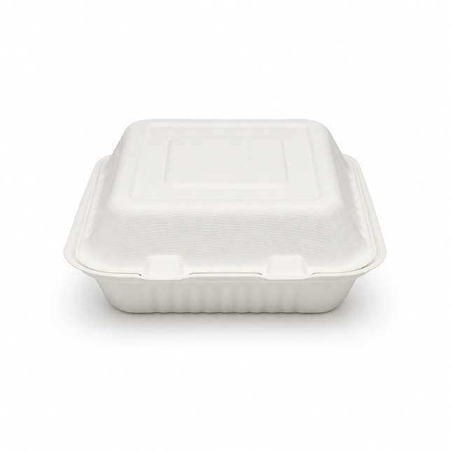 Rise Up 9" x 9" White Bagasse 3-Compartment Take-Out Container - 200/Case