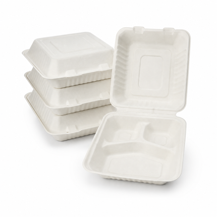 Rise Up 9" x 9" White Bagasse 3-Compartment Take-Out Container - 200/Case