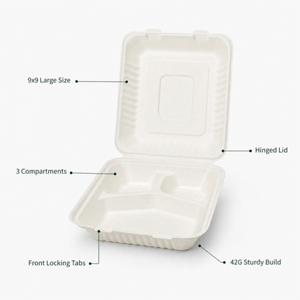 Rise Up 9" x 9" White Bagasse 3-Compartment Take-Out Container - 200/Case