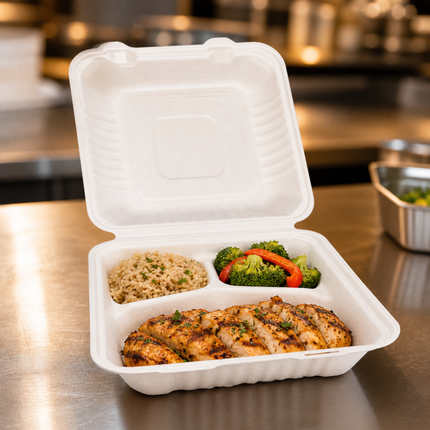 Rise Up 9" x 9" White Bagasse 3-Compartment Take-Out Container - 200/Case