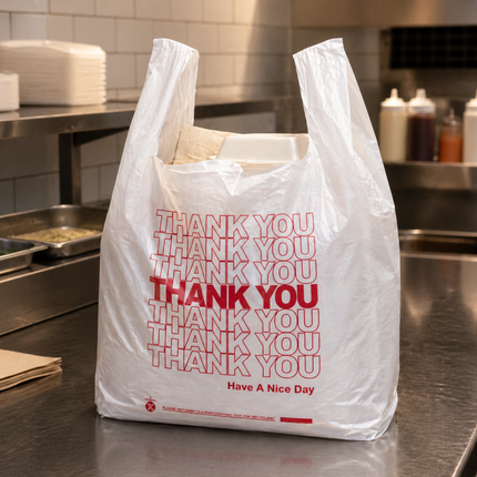 1/6 White "Thank You" Heavy Duty Plastic T-Shirt Bags - 10" x 6" x 20" 22 Mic - 500/Case