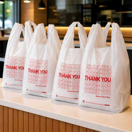 1/6 White "Thank You" Heavy Duty Plastic T-Shirt Bags - 10" x 6" x 20" 22 Mic - 500/Case